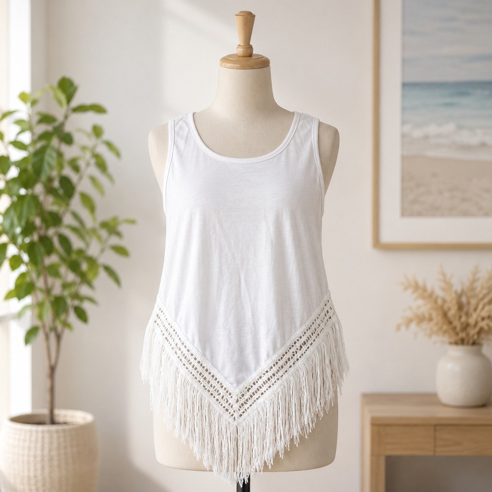 NWT Cupshe Tank Top Womens Small White Fringe Crochet Hem Boho Cover Up Tank
